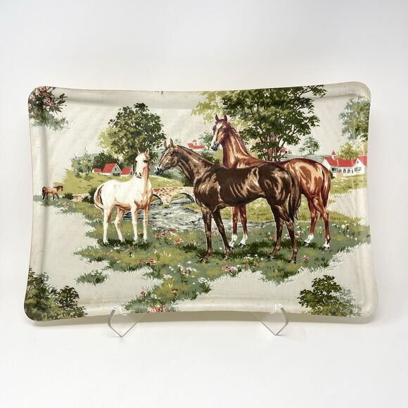 Vintage Equestrian Horse Farm Rectangular Serving Tray 12x18" Fabric Acrylic - Picture 1 of 10